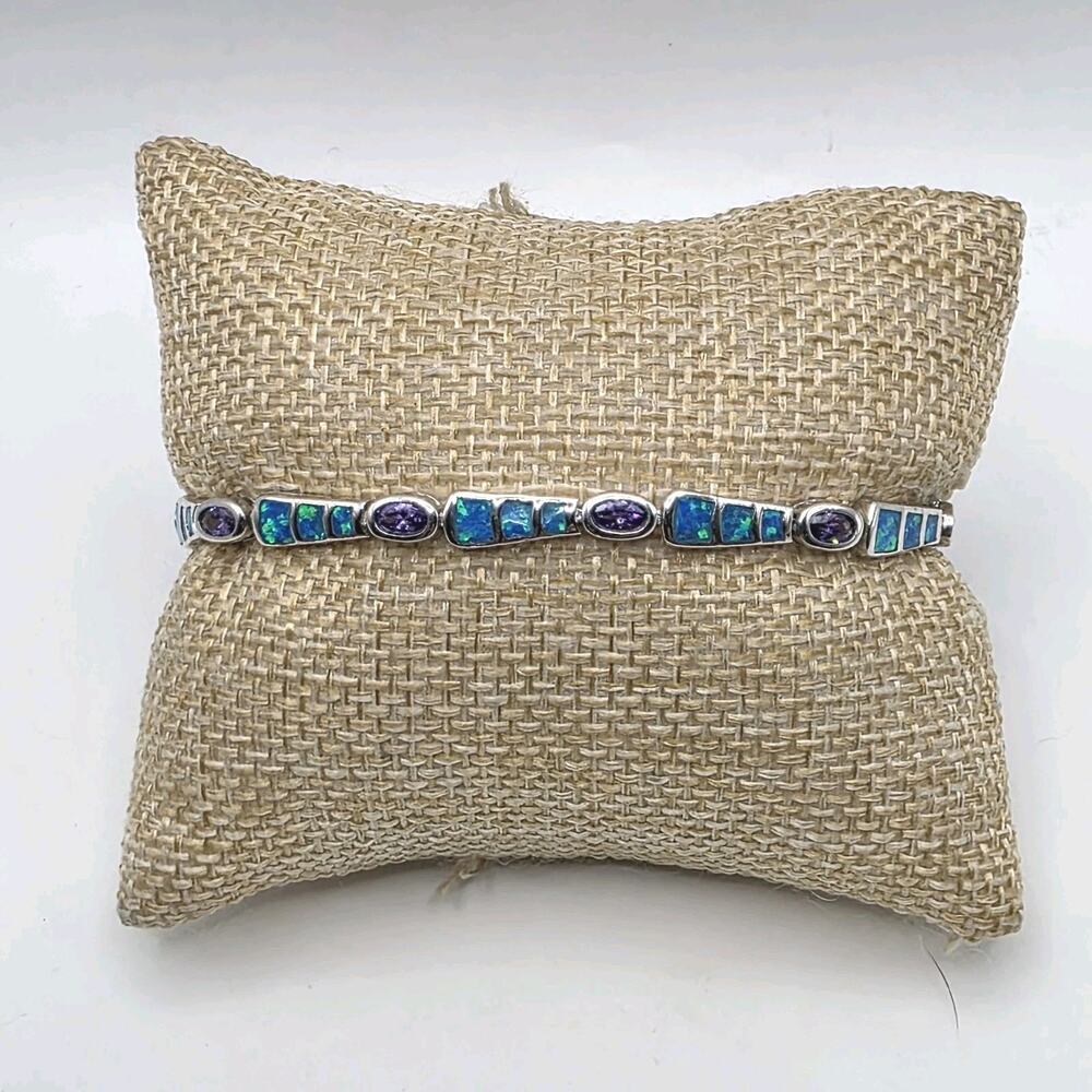 Amethyst & Blue Fire Opal 925 Sterling Silver Link Tennis 7'' Bracelet 13.71g